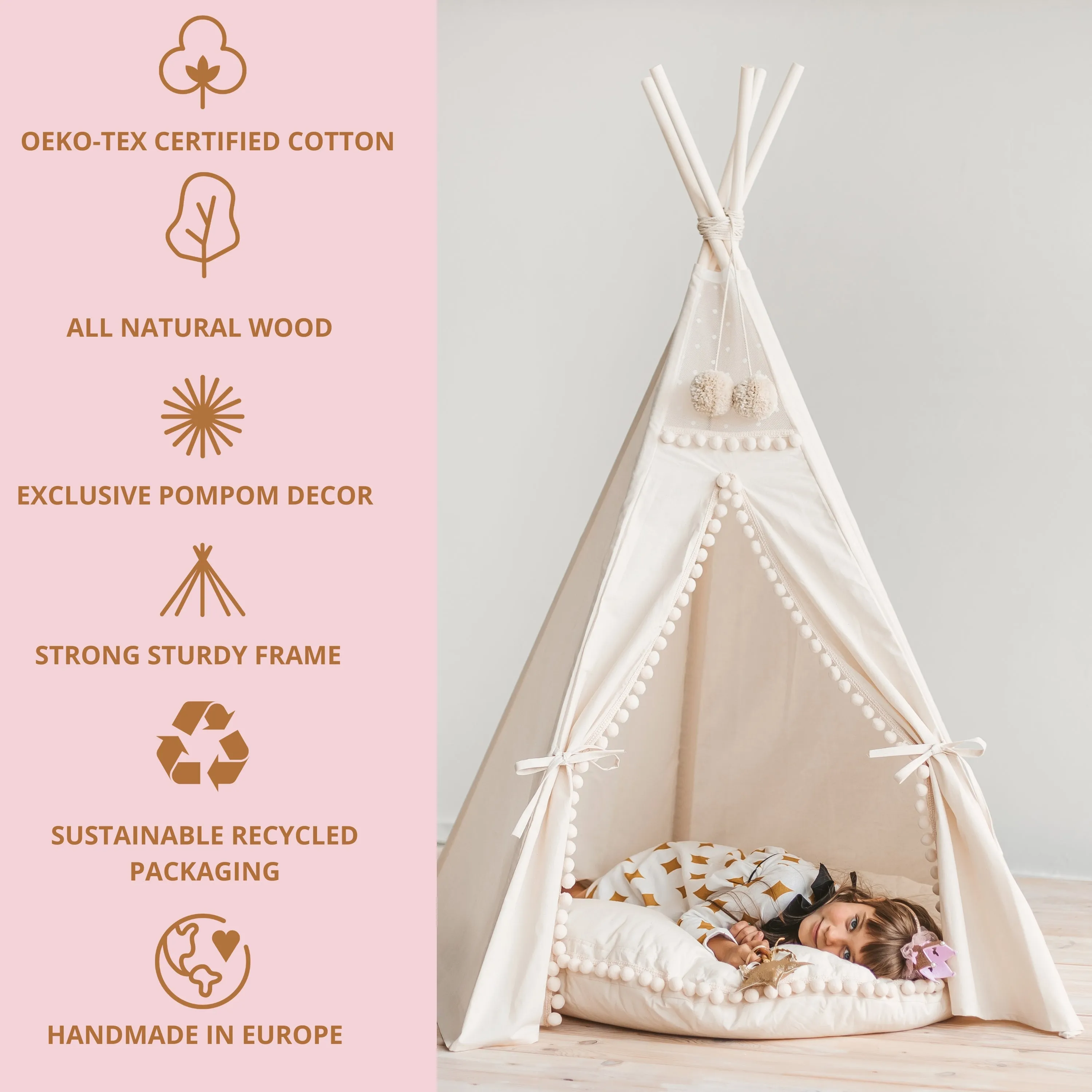 MiniCamp Teepee Play Tent With Pom Poms - Ecru